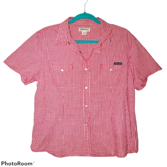 Aeropostale Women's Short Sleeve Collared Snap Up Top Red & White Check 535 - Picture 1 of 6